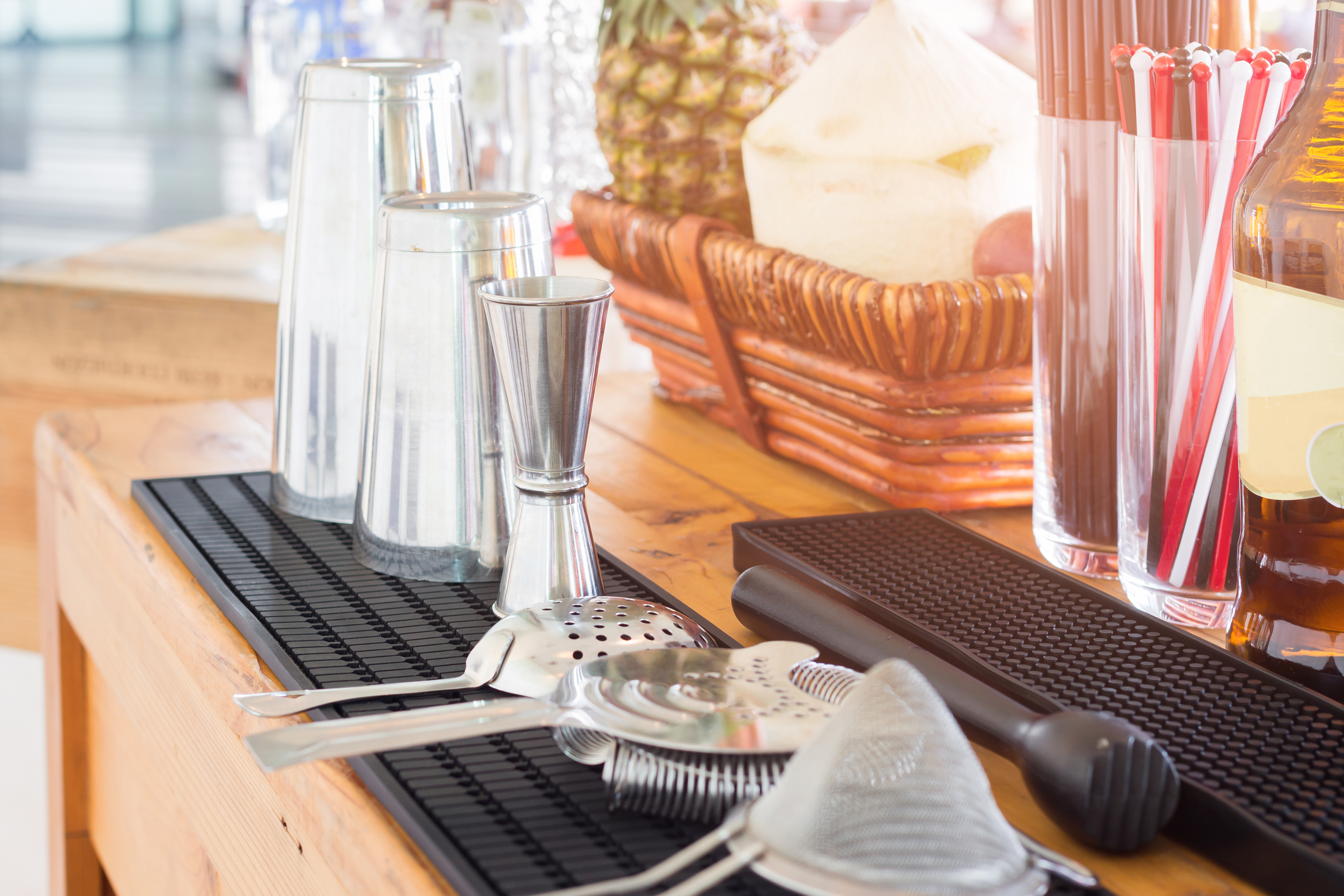 bartender tools on drink mat