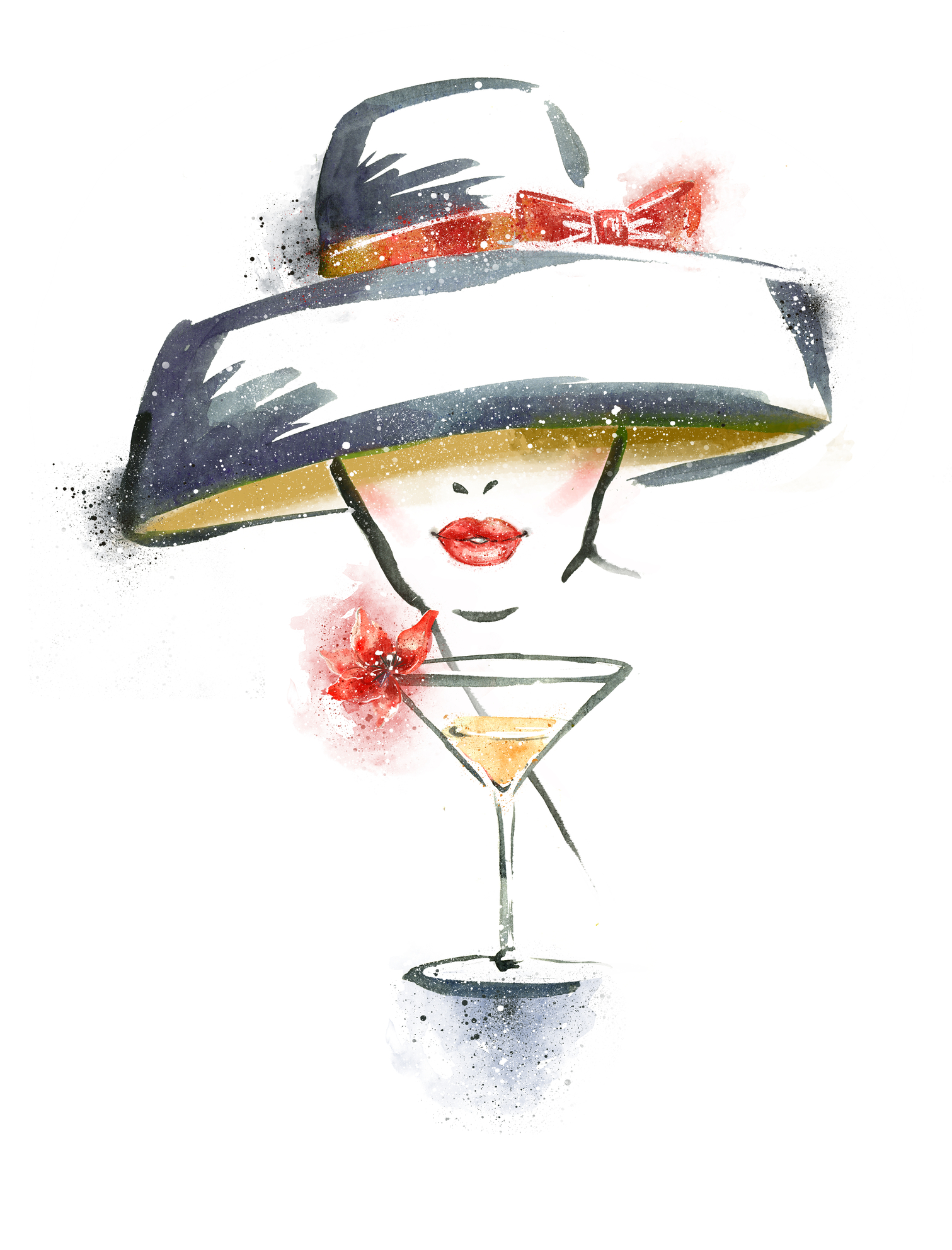 illustration of a fashion model in a great hat with red lips and a martini