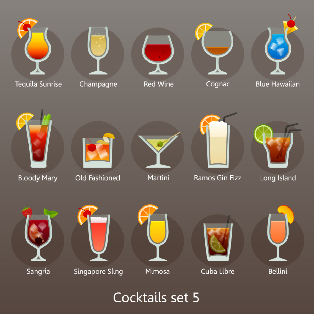 illustration of fifteen different cocktails