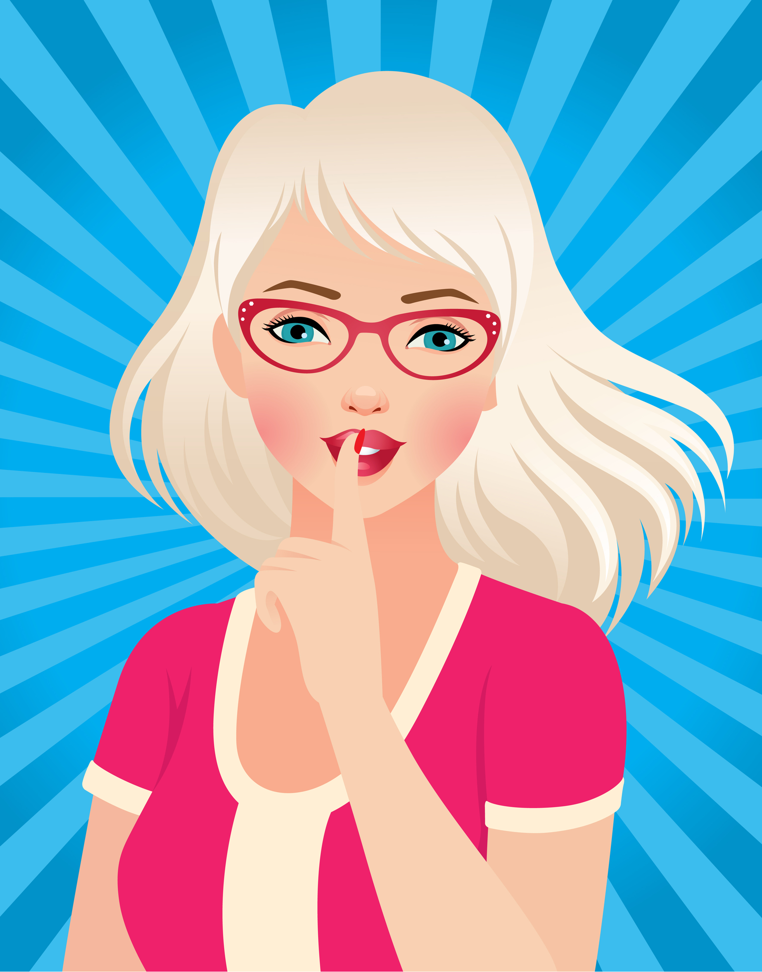 yellow haired girl with glasses and secret shush finger