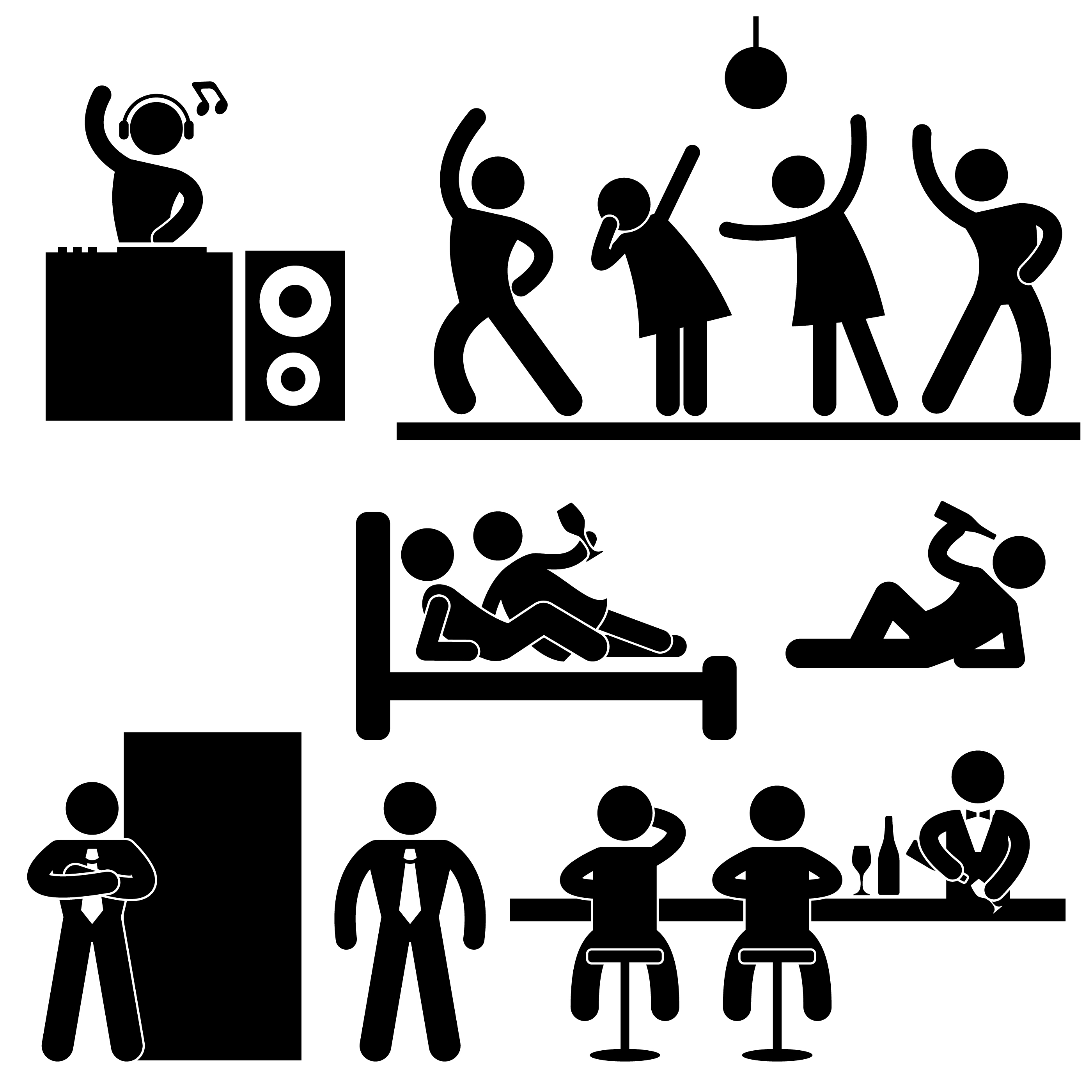 black and white graphic of drinkers and partiers